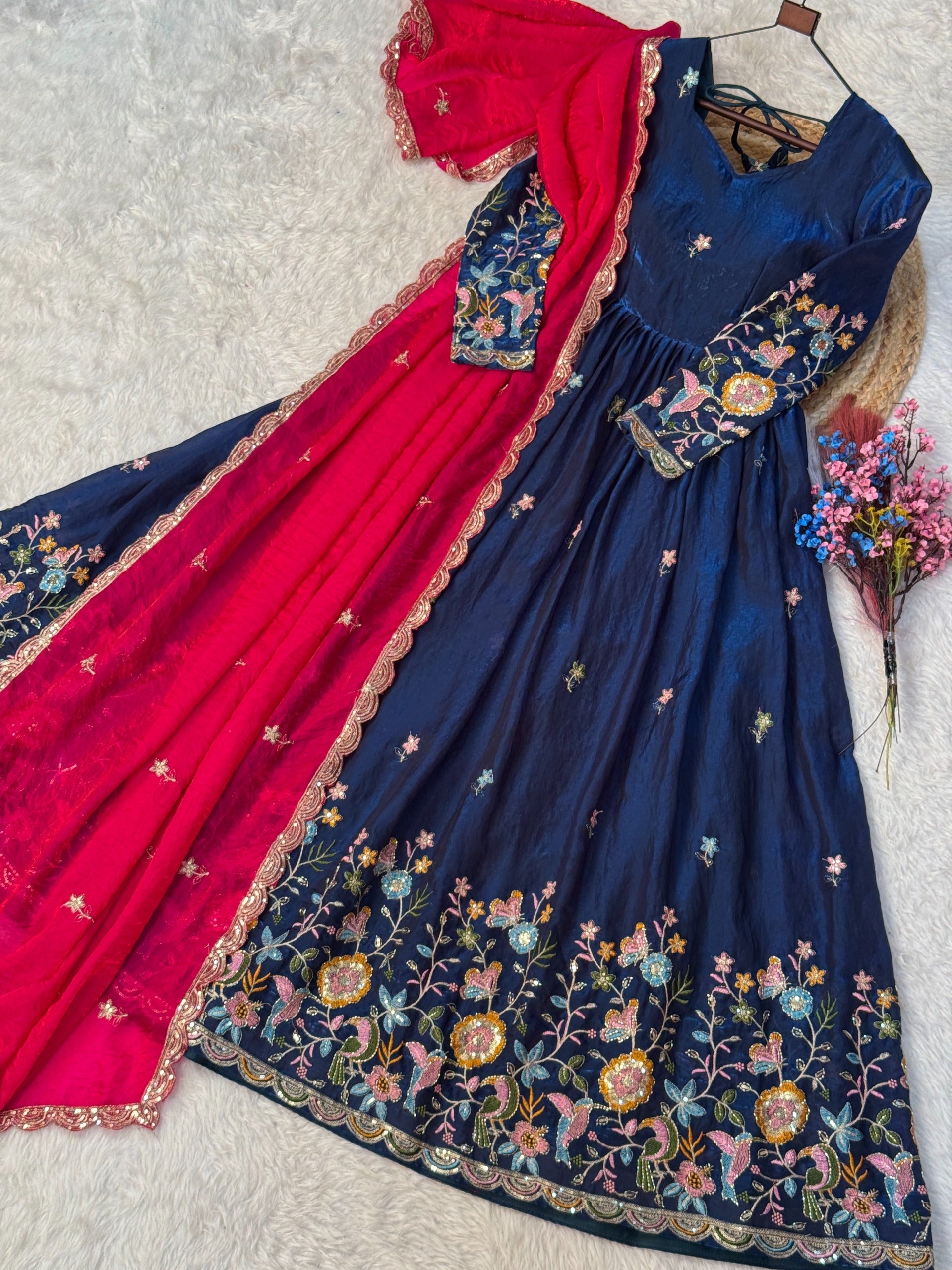 Anaita Navy Silk Readymade Anarkali Suit with Thread Embroidery & Sequence Work - Dista