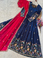 Thumbnail for Anaita Navy Silk Readymade Anarkali Suit with Thread Embroidery & Sequence Work - Dista