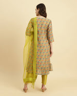 Thumbnail for Varanga Ikat Printed A-Line Mirror Embroidered Kurta Paired With Straight Trouser And Dupatta - Distacart