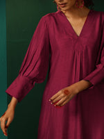 Thumbnail for trueBrowns Maroon Silk Puff Sleeve Kurta Pant Set - Distacart