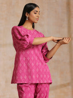 Thumbnail for trueBrowns Pink Dabu Print Cotton Baggy Sleeve Co-Ord Set - Distacart