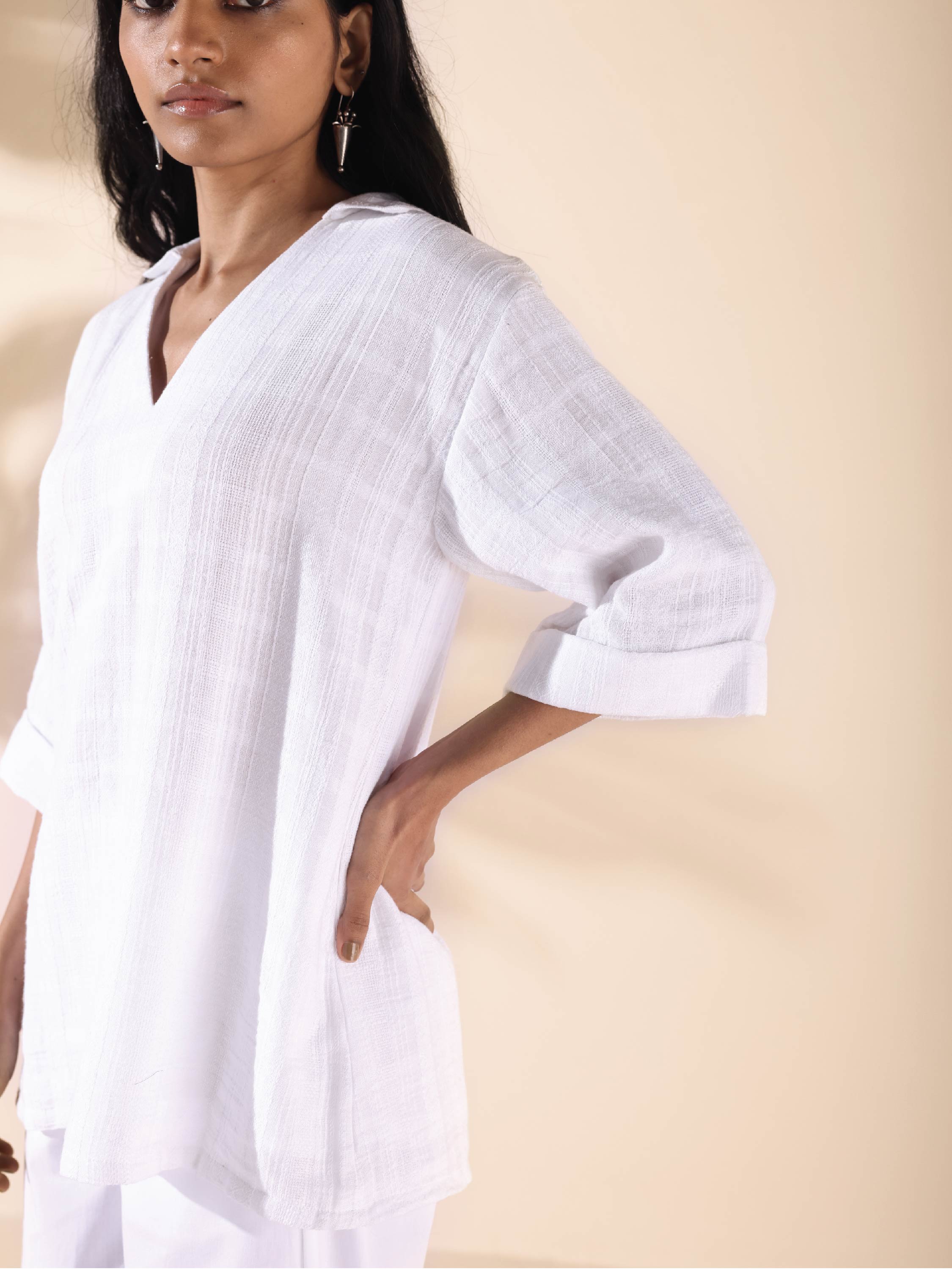 trueBrowns White Cotton Dobby V-Neck Co-ord Set - Distacart