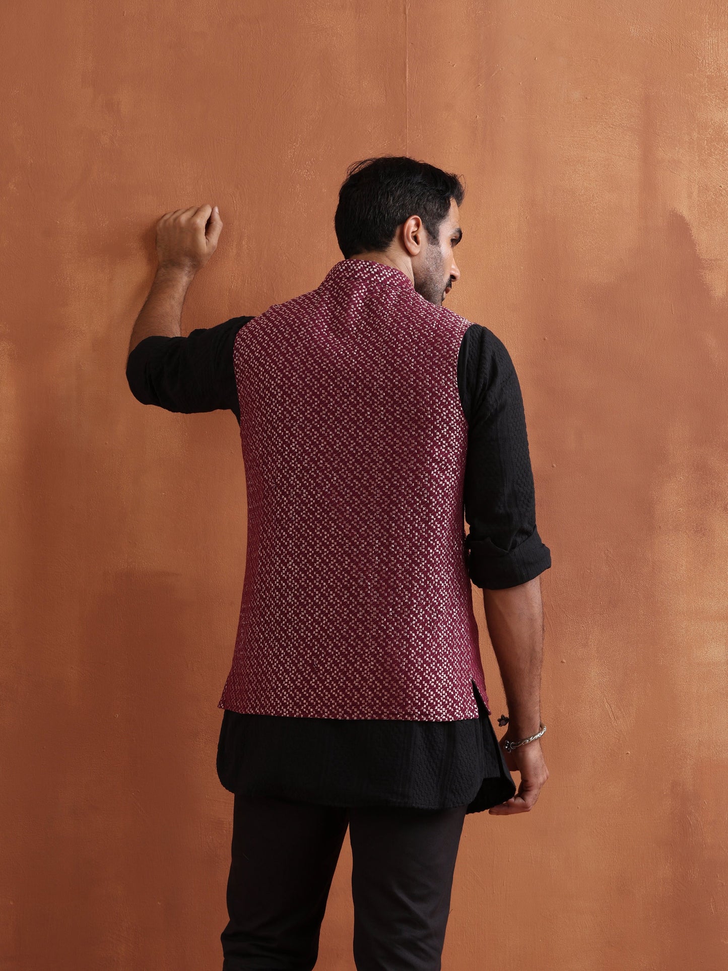 trueBrowns Men's Dark Purple Cotton Dobby Nehru Jacket - Distacart