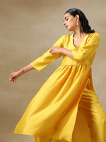 Thumbnail for trueBrowns Yellow Textured Silk High Slit Gathered Kurta Set - Distacart