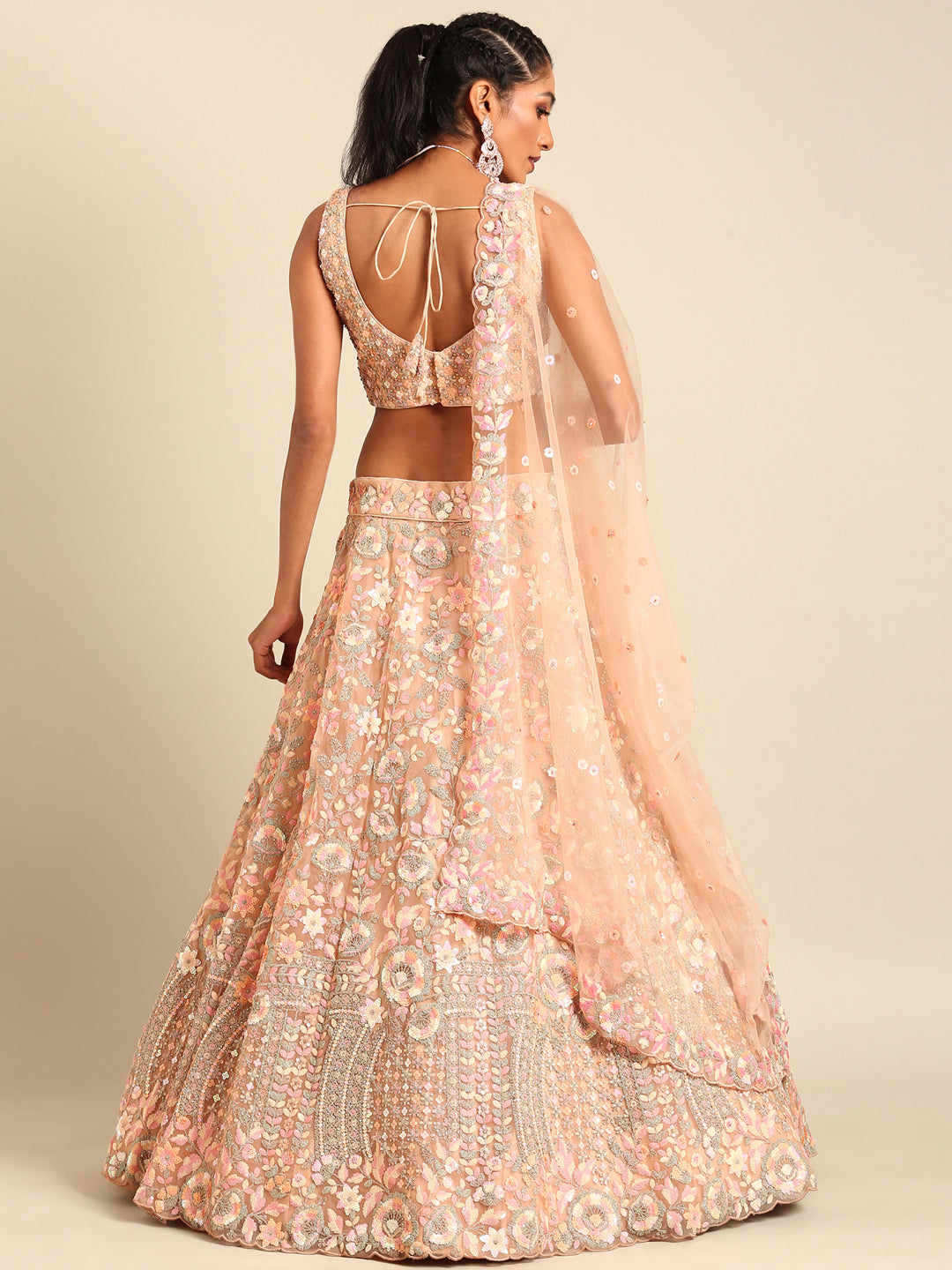 House of Panchhi Peach Net Multi Sequins with heavy Zarkan embroidery Lehenga choli & Dupatta - Distacart