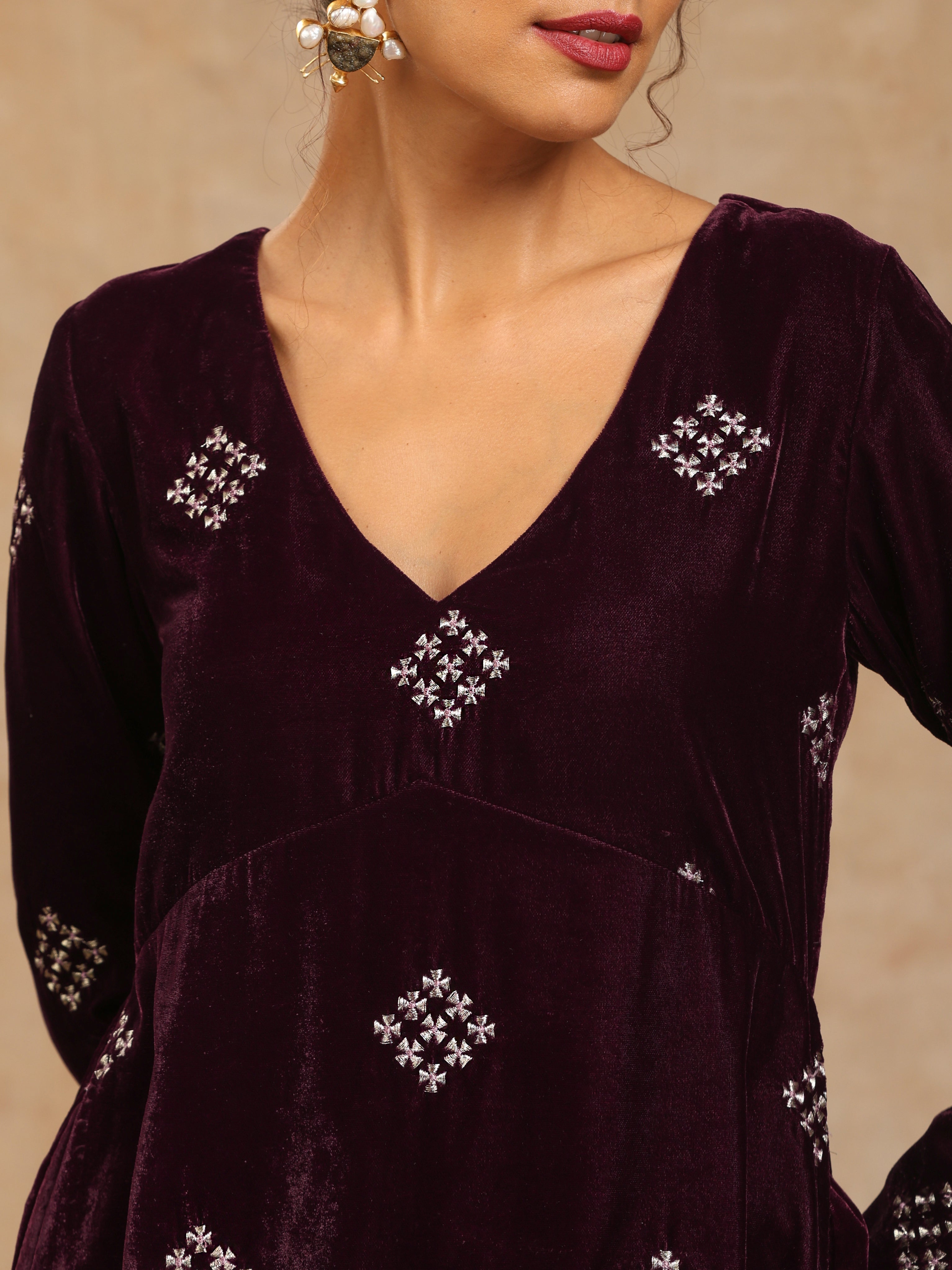 trueBrowns Wine Velvet Embroidered Co-ord Set - Distacart