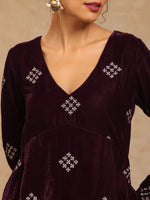 Thumbnail for trueBrowns Wine Velvet Embroidered Co-ord Set - Distacart