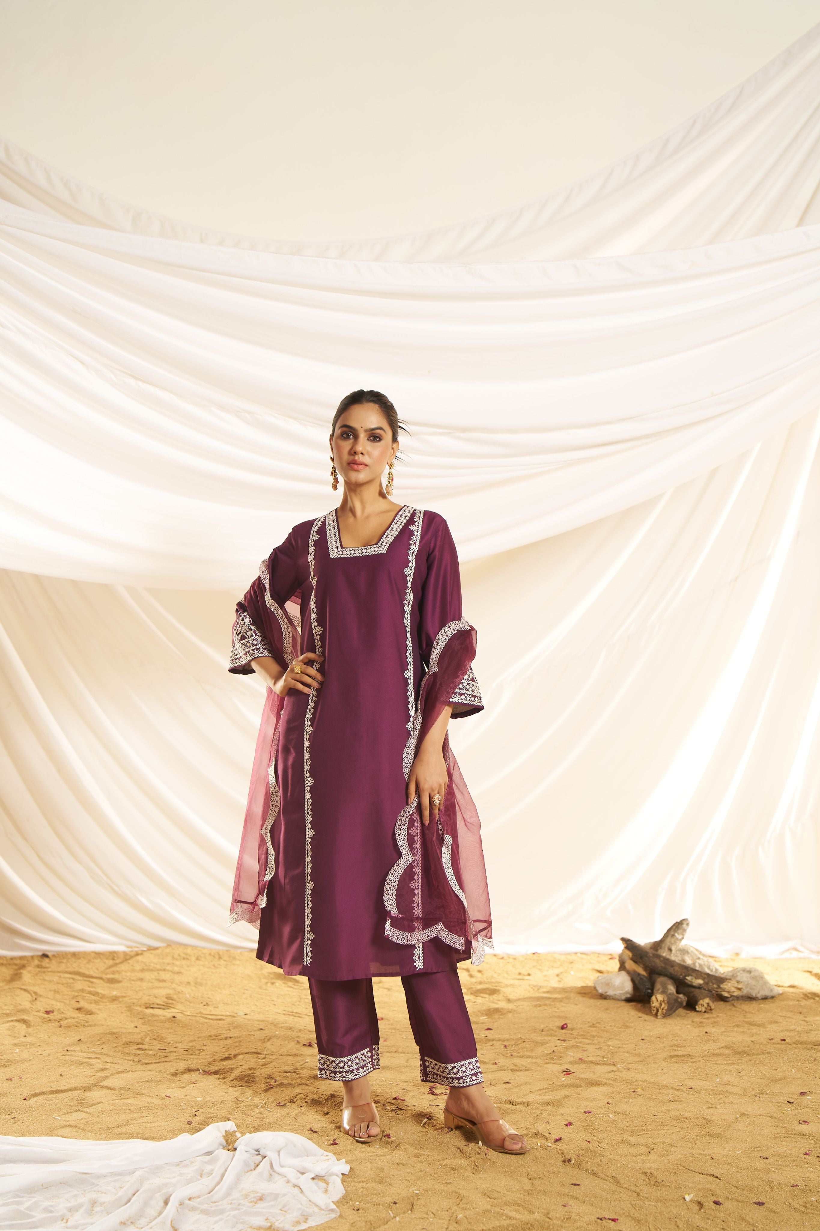 BulBul Women Wine Embroidered Premium Silk Straight Suit With Dupatta