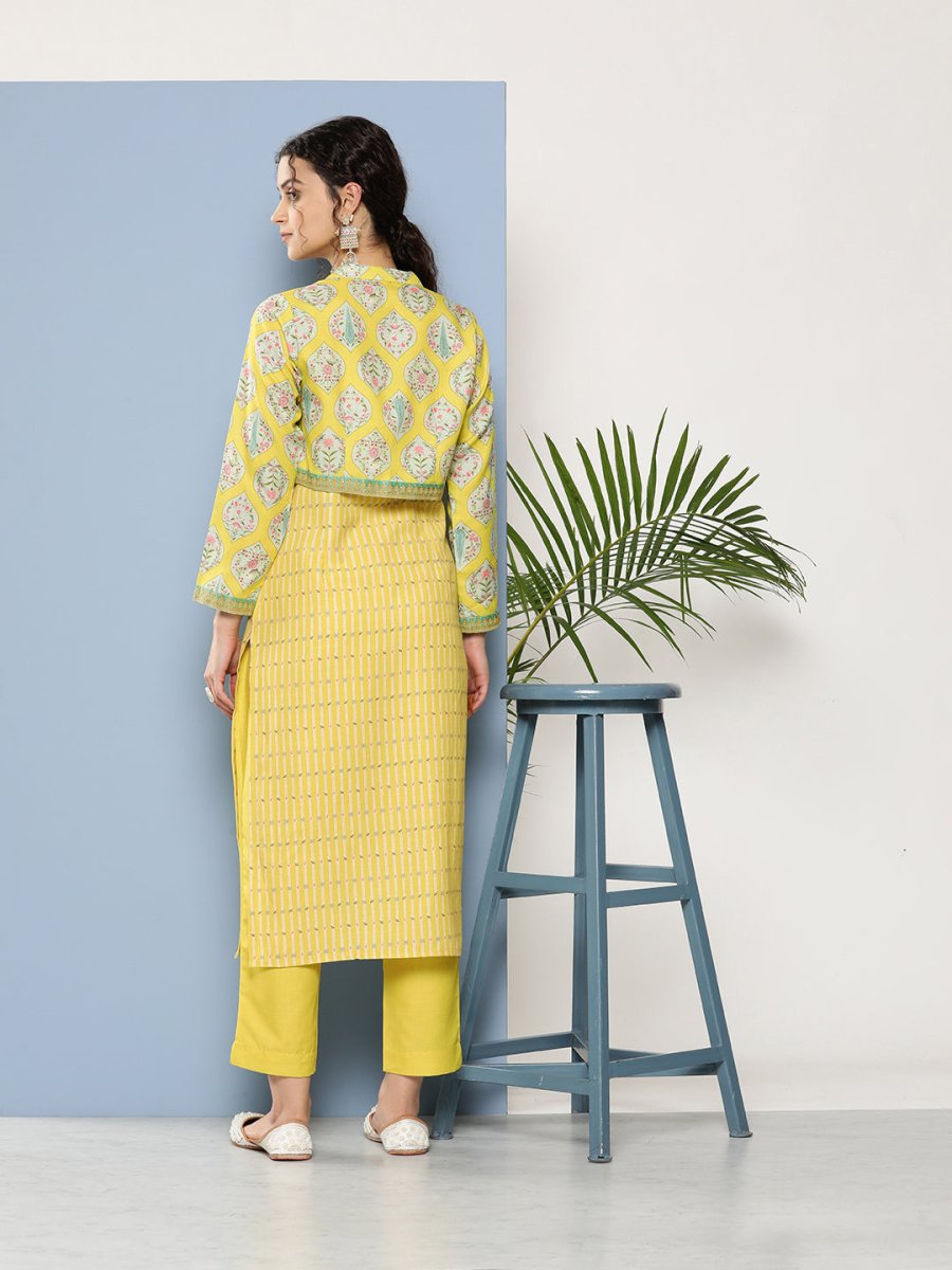 Ahalyaa Women Yellow Floral Printed Kurta with Trousers & Jacket - Distacart