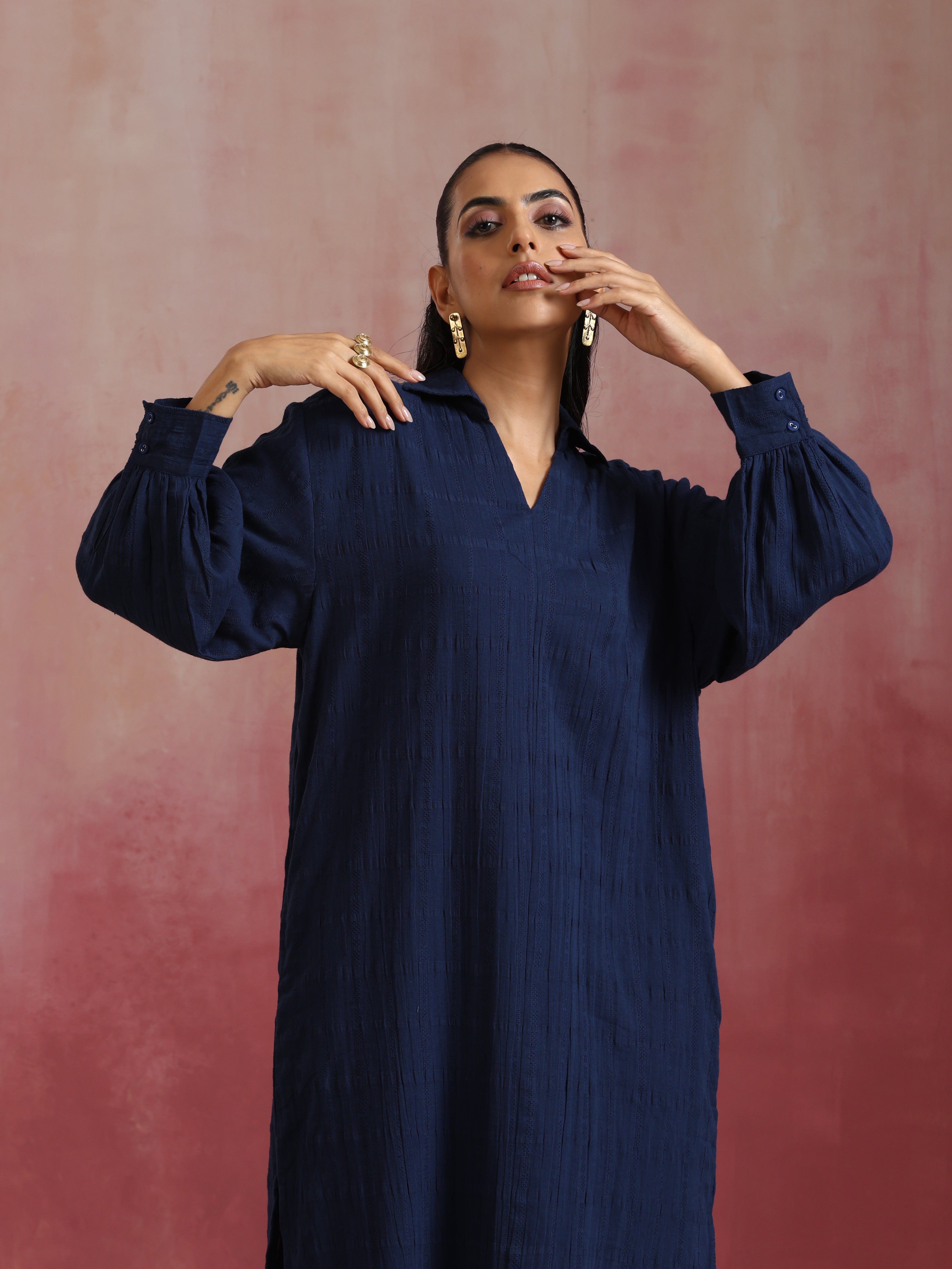trueBrowns Dark Blue Cotton Dobby Dress - Distacart