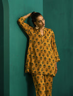 Thumbnail for trueBrowns Mustard Flower Stem Muslin Silk Printed Relaxed Co-ord Set - Distacart