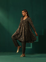 Thumbnail for trueBrowns Grey Diamond Viscose Silk Yoke Gathered Co-ord Set - Distacart