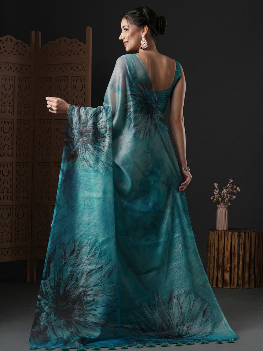 Anouk Blue & Black Floral Printed Organza Saree - Distacart