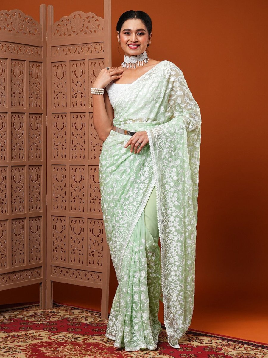 Anouk Green Floral Embroidered Organza Saree - Distacart