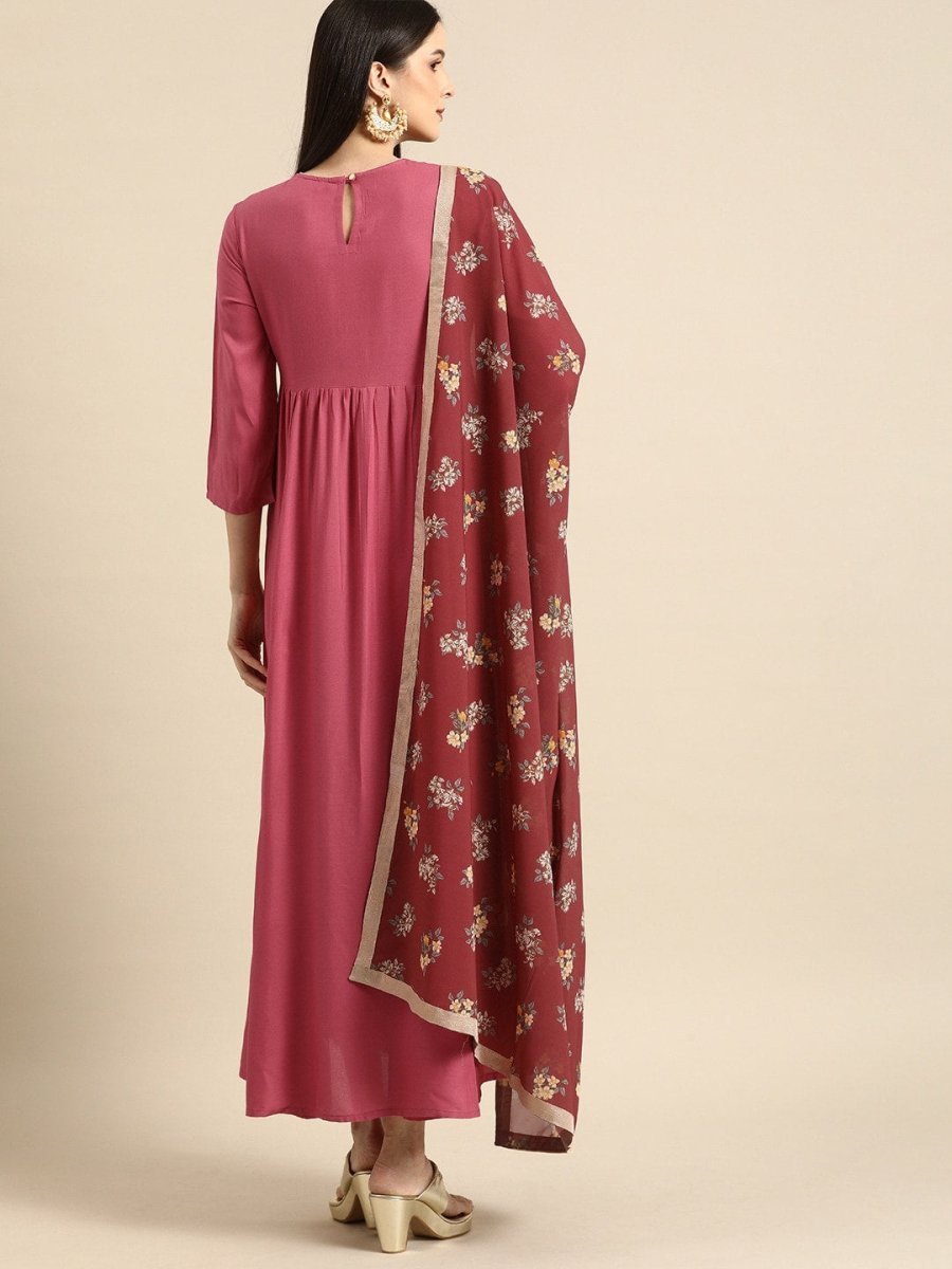 All About You Women Rust Pink Ethnic Motifs Yoke Design Thread Work Kurta with Dupatta - Distacart