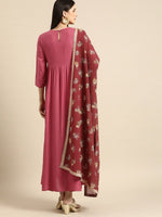 Thumbnail for All About You Women Rust Pink Ethnic Motifs Yoke Design Thread Work Kurta with Dupatta - Distacart