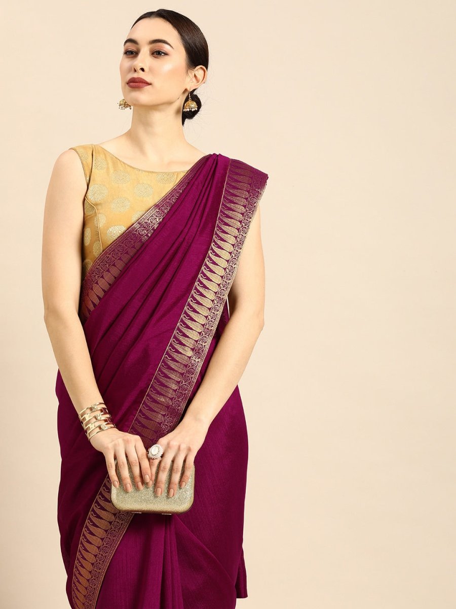 Anouk Purple Cotton Blend Solid Banarasi Saree - Distacart