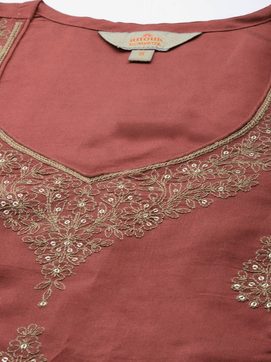 Anouk Women Rust Brown & Golden Ethnic Motifs Kurta with Trousers & With Dupatta - Distacart