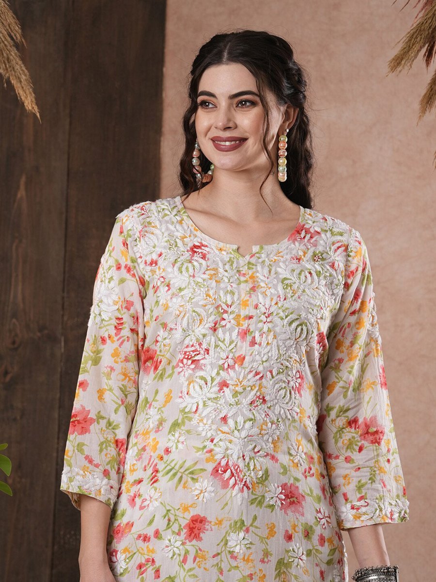 ADA Floral Printed Round Neck Regular Lucknowi Chikankari Kurta with Trousers - Distacart