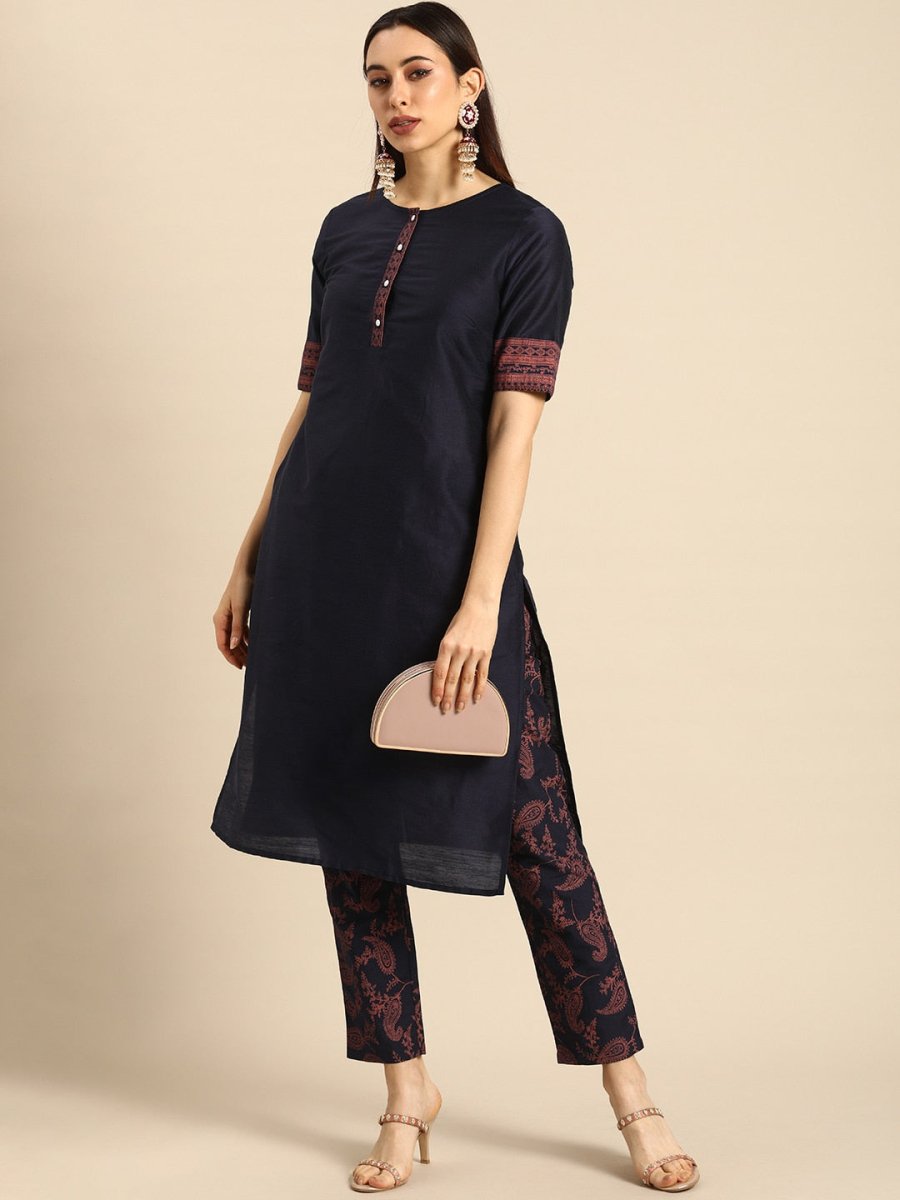 All About You Women Navy Blue Ethnic Motifs Printed Regular Kurta with Printed Trousers - Distacart