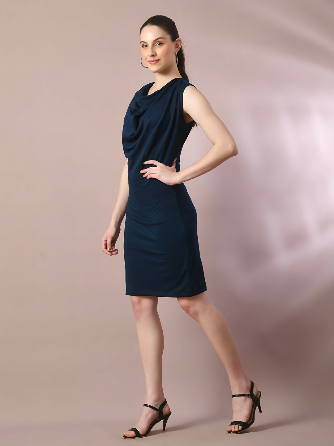 Myshka Women's Navy Blue Solid Cowl Neck Bodycon Party Dress - Distacart