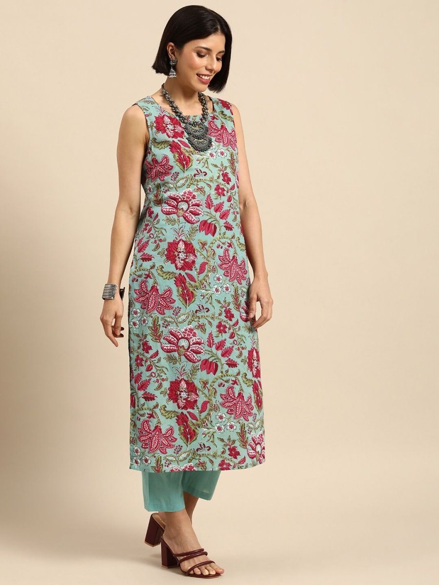 Anouk Women Turquoise Blue Floral Printed Pure Cotton Kurta with Trousers - Distacart