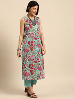 Thumbnail for Anouk Women Turquoise Blue Floral Printed Pure Cotton Kurta with Trousers - Distacart