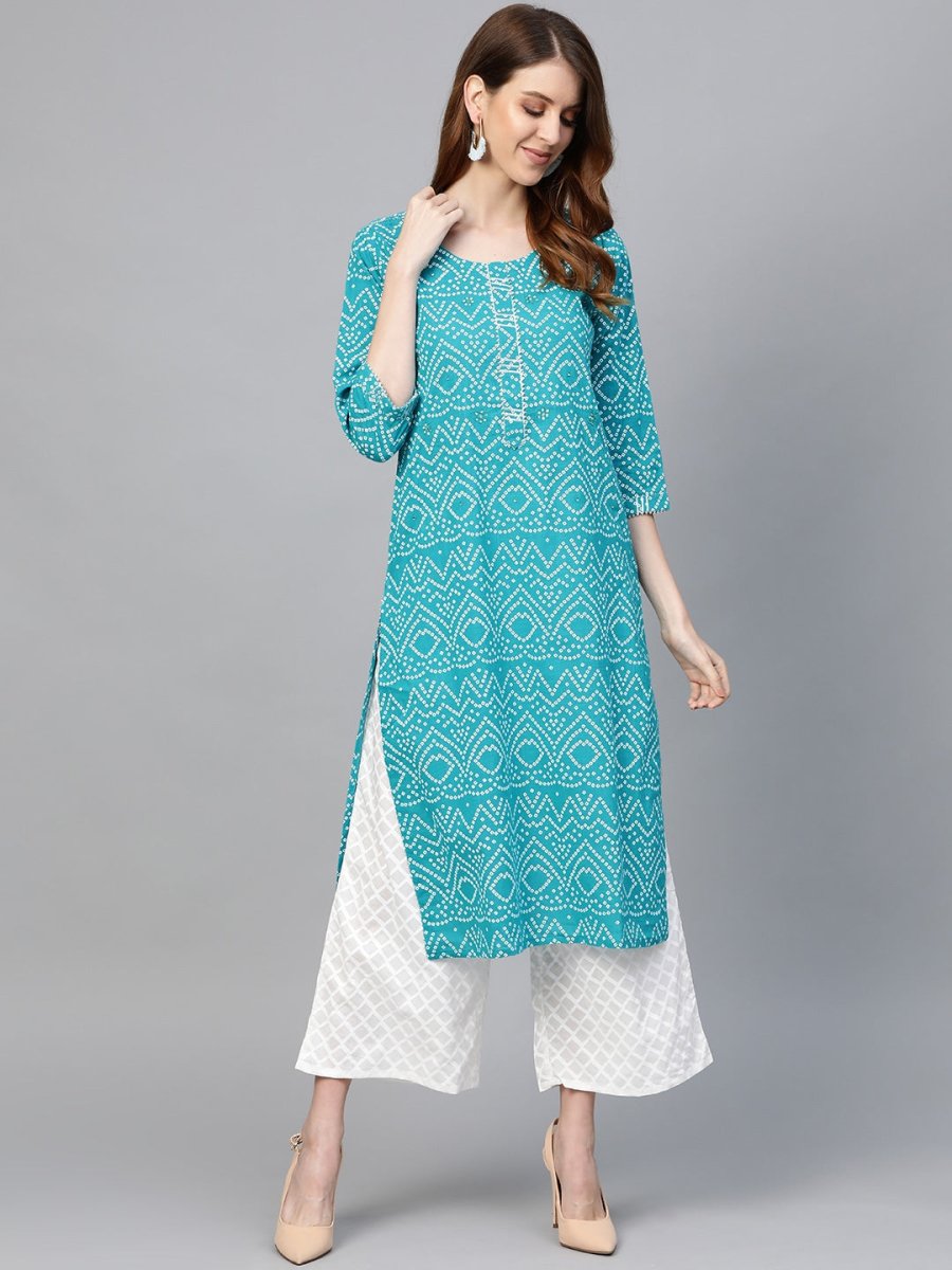 Anubhutee Turquoise Blue & White Bandhani Print Kurta with Palazzos - Distacart