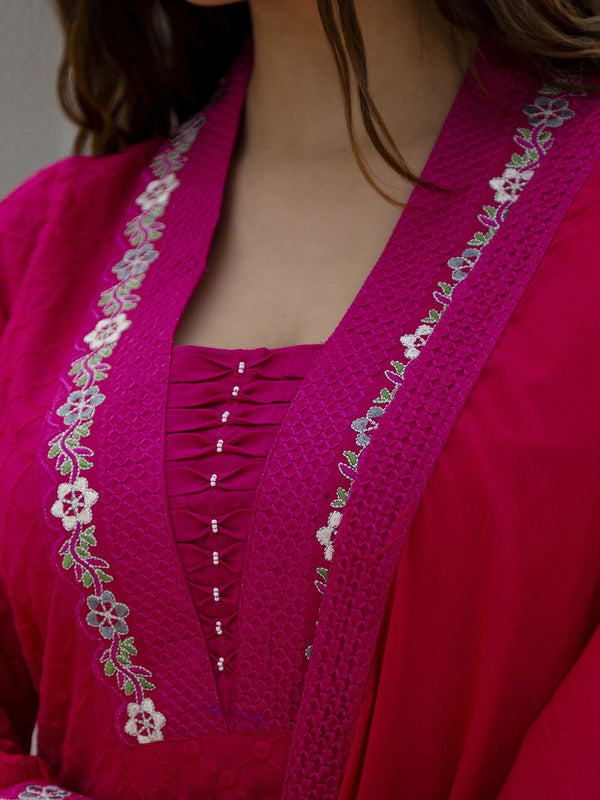 Kalini Floral Embroidered Regular Pure Cotton Thread Work Kurta With Trousers & Dupatta - Distacart