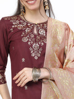 Thumbnail for Vishudh Women Burgundy Kurta with Trousers & With Dupatta