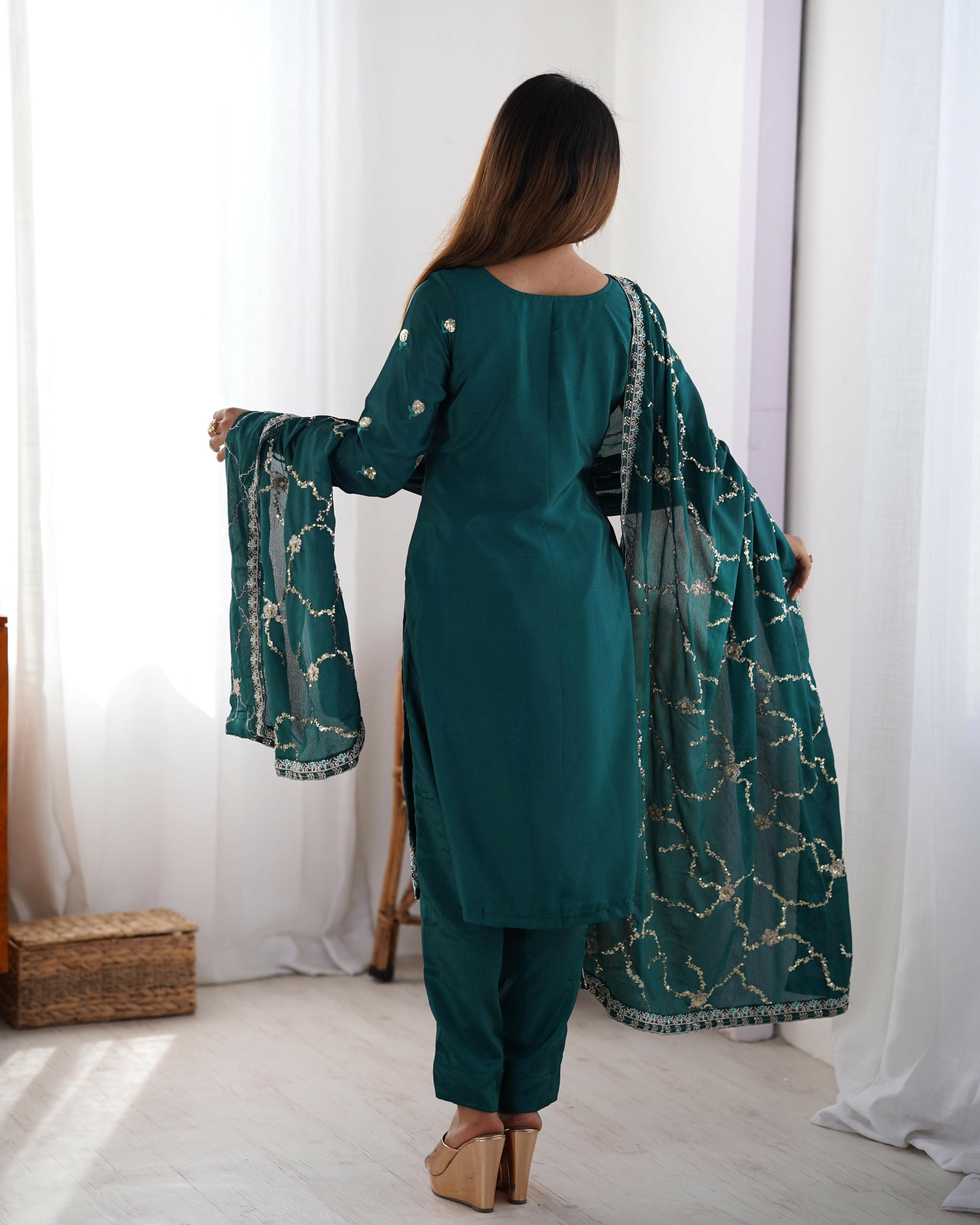 Joban Fashion Green Kurta set with Pant Chinon silk Thread with Sequins work