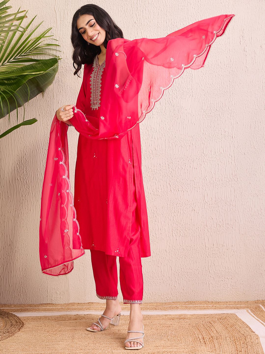 Indo Era Women Floral Yoke Design Regular Liva Kurta with Trousers & With Dupatta