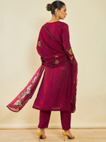 Thumbnail for Soch Maroon Floral Printed Beads and Stones Kurta With Trousers & Dupatta - Distacart