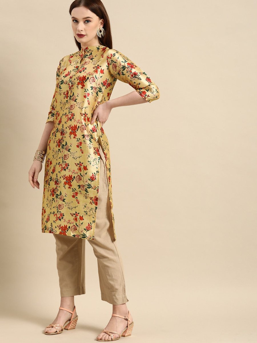 All About You Women Mustard Yellow & Red Floral Print Chanderi Silk Blend Straight Kurta - Distacart