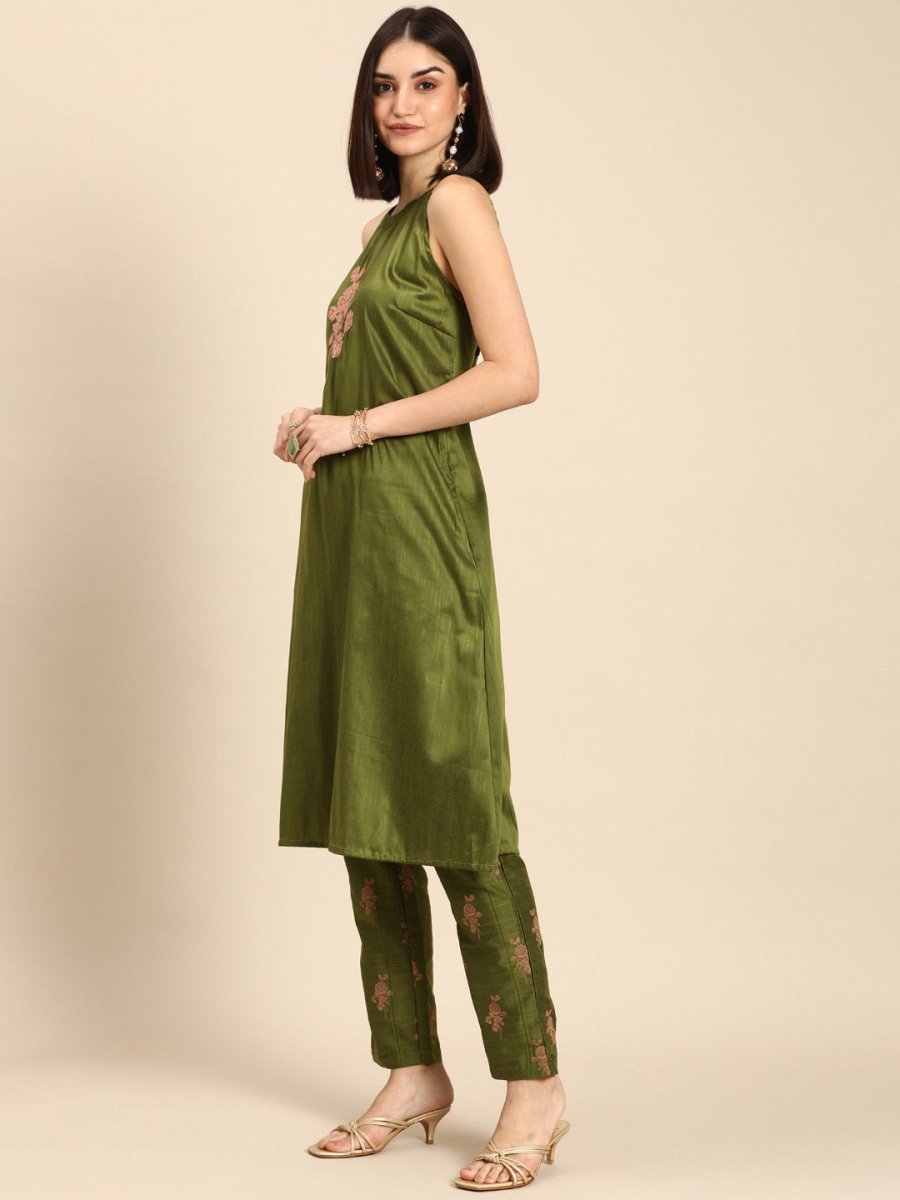 All About You Women Green Floral Print Embroidered Regular Kurta with Trousers - Distacart