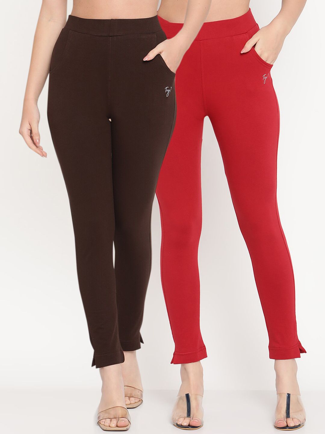 TAG 7 Women Pack of 2 Maroon & Brown Solid Kurti Pants - Distacart