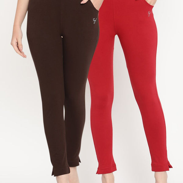 TAG 7 Women Pack of 2 Maroon & Brown Solid Kurti Pants - Distacart