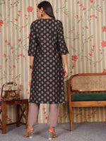 Thumbnail for Ode by House of Pataudi Keyhole Neck Printed Regular Chanderi Silk Straight Kurta Set - Distacart