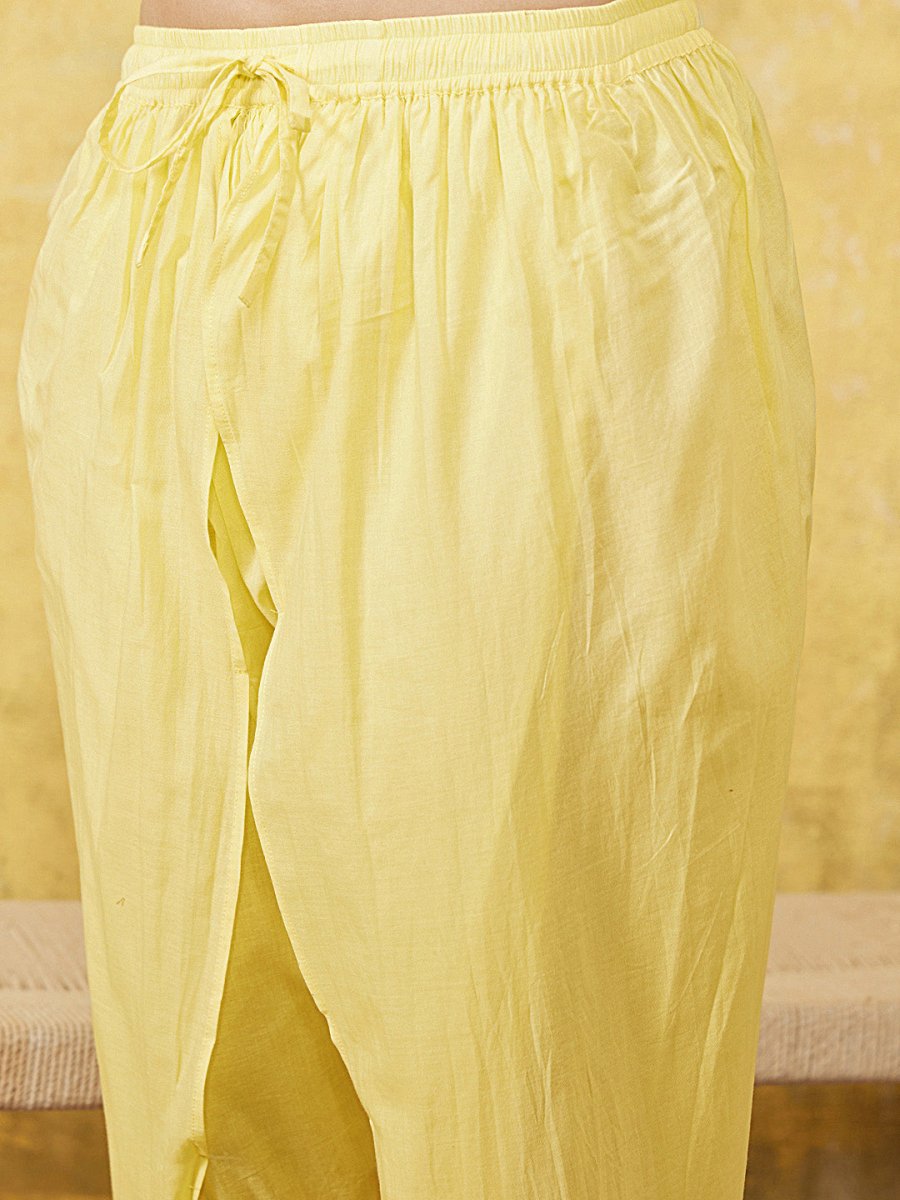 ADA Women Yellow & Green Chikankari Embroidered Empire Sustainable Handloom Kurta with Dhoti Pants - Distacart