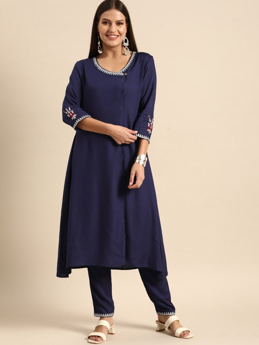 All About You Women Navy Blue Embroidered Kurta with Trousers - Distacart