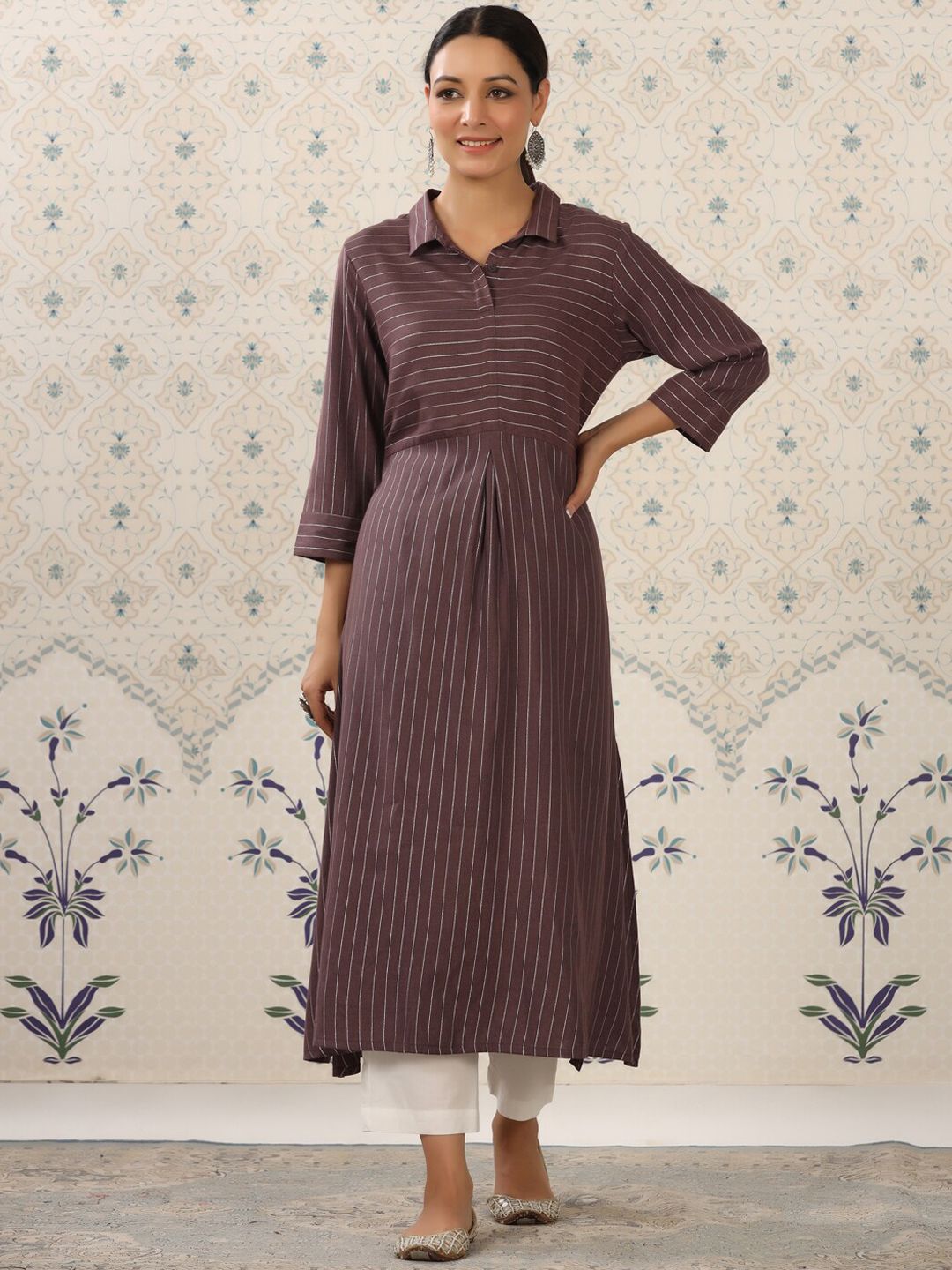 Ode by House of Pataudi Brown & White Striped Shirt Collar Pure Cotton Kurta With Trousers - Distacart