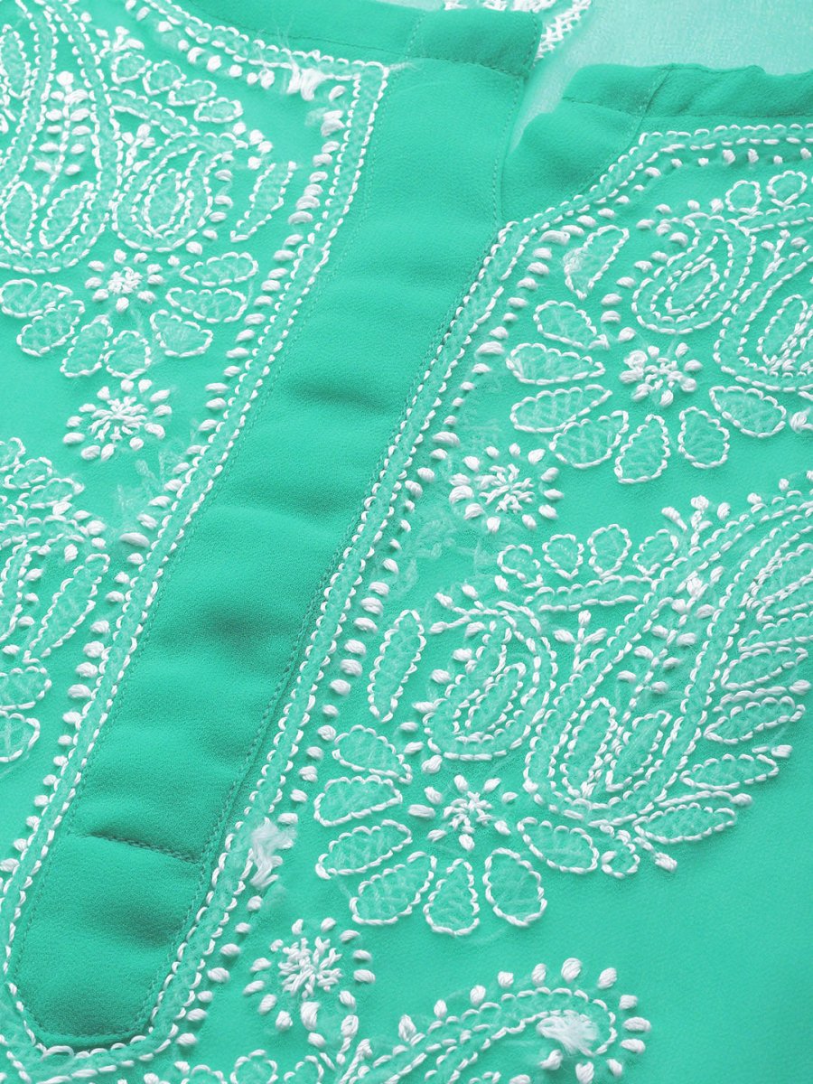 ADA Women Sea Green & White Chikankari Embroidered Kurta with Trousers - Distacart