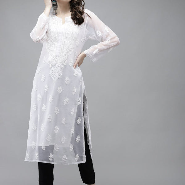 ADA Women White Ethnic Motifs Regular Chikankari Handloom Kurta with Palazzos - Distacart