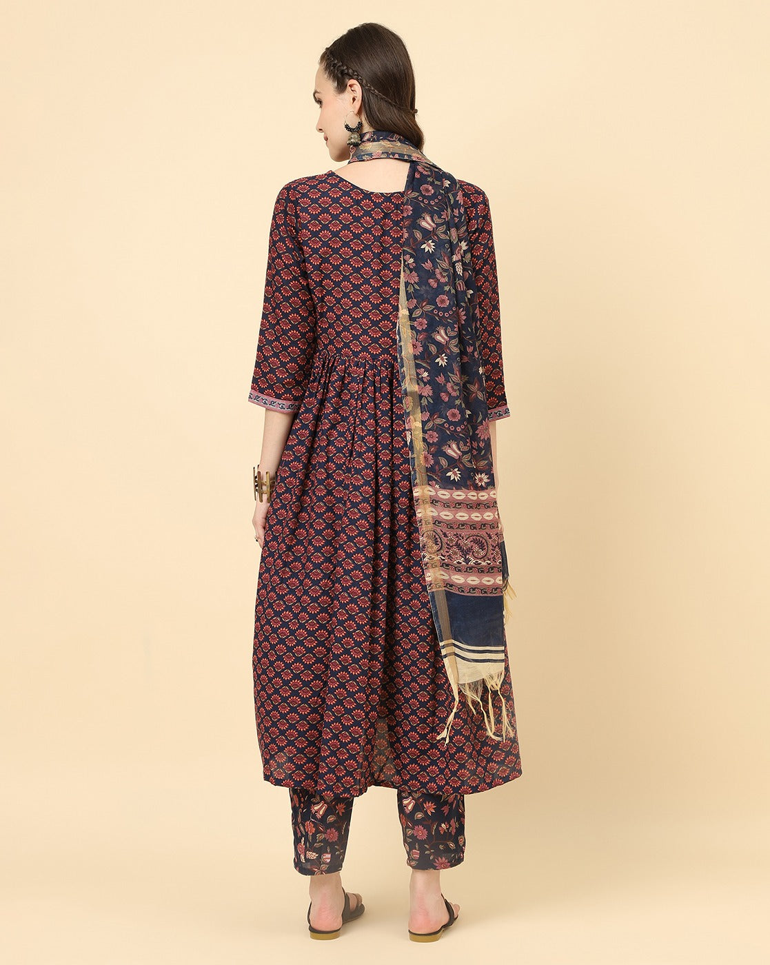 Varanga Women Brown Viscose Rayon Printed Regular Kurta With Trousers & Dupatta - Distacart
