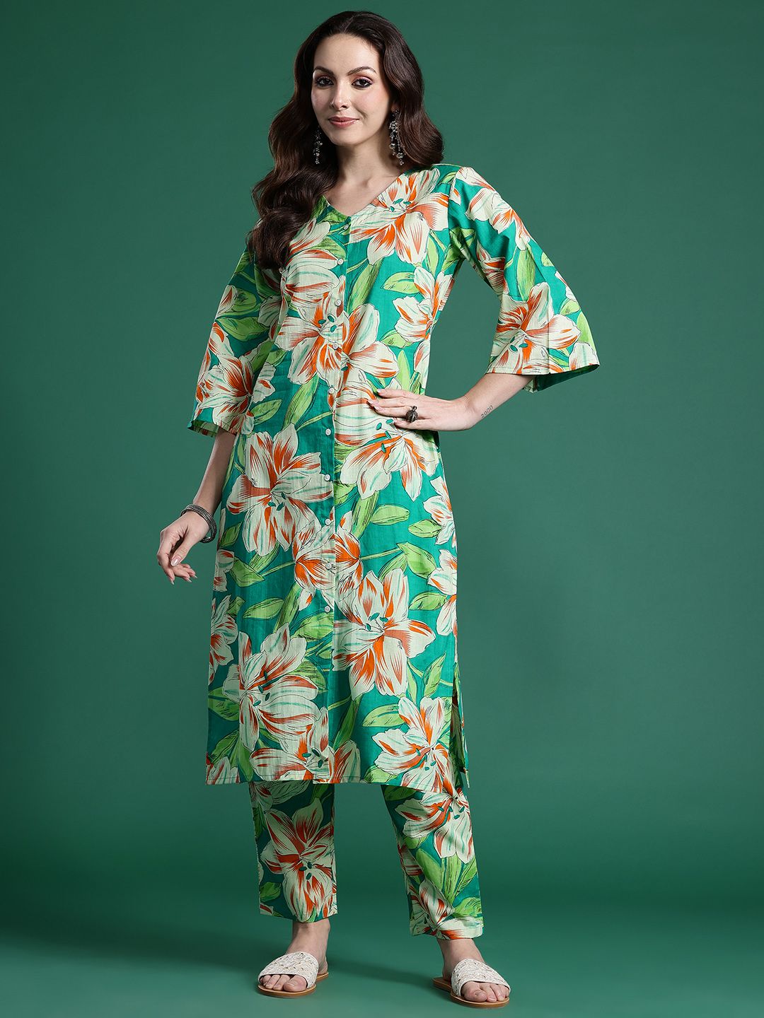 Indo Era Women Floral Printed Regular Pure Cotton Kurta with Trousers