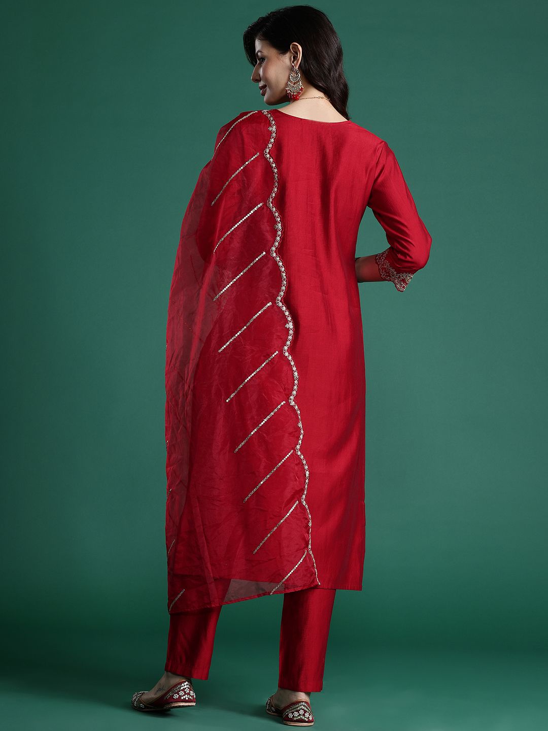 Indo Era Ethnic Motifs Embroidered Sequinned Liva Kurta With Trousers & Dupatta