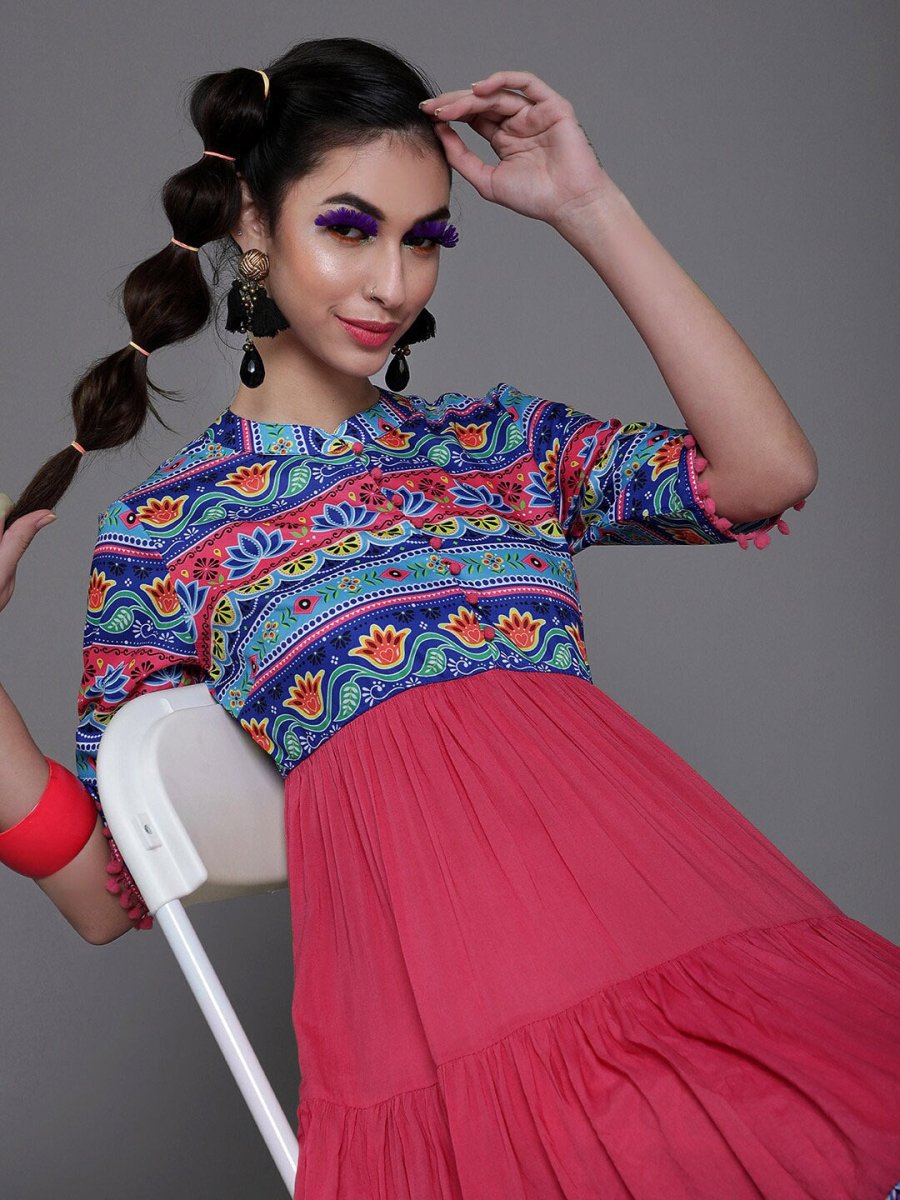 Aks Ethnic Motifs Printed Mandarin Collar Cotton Silk Anarkali Kurta - Distacart