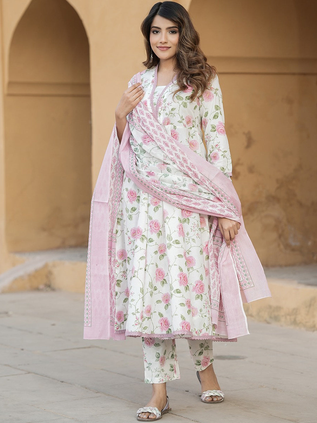 Kalini V Neck Floral Printed Cotton Anarkali Kurta with Trouser & Dupatta - Distacart