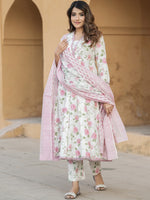 Thumbnail for Kalini V Neck Floral Printed Cotton Anarkali Kurta with Trouser & Dupatta - Distacart