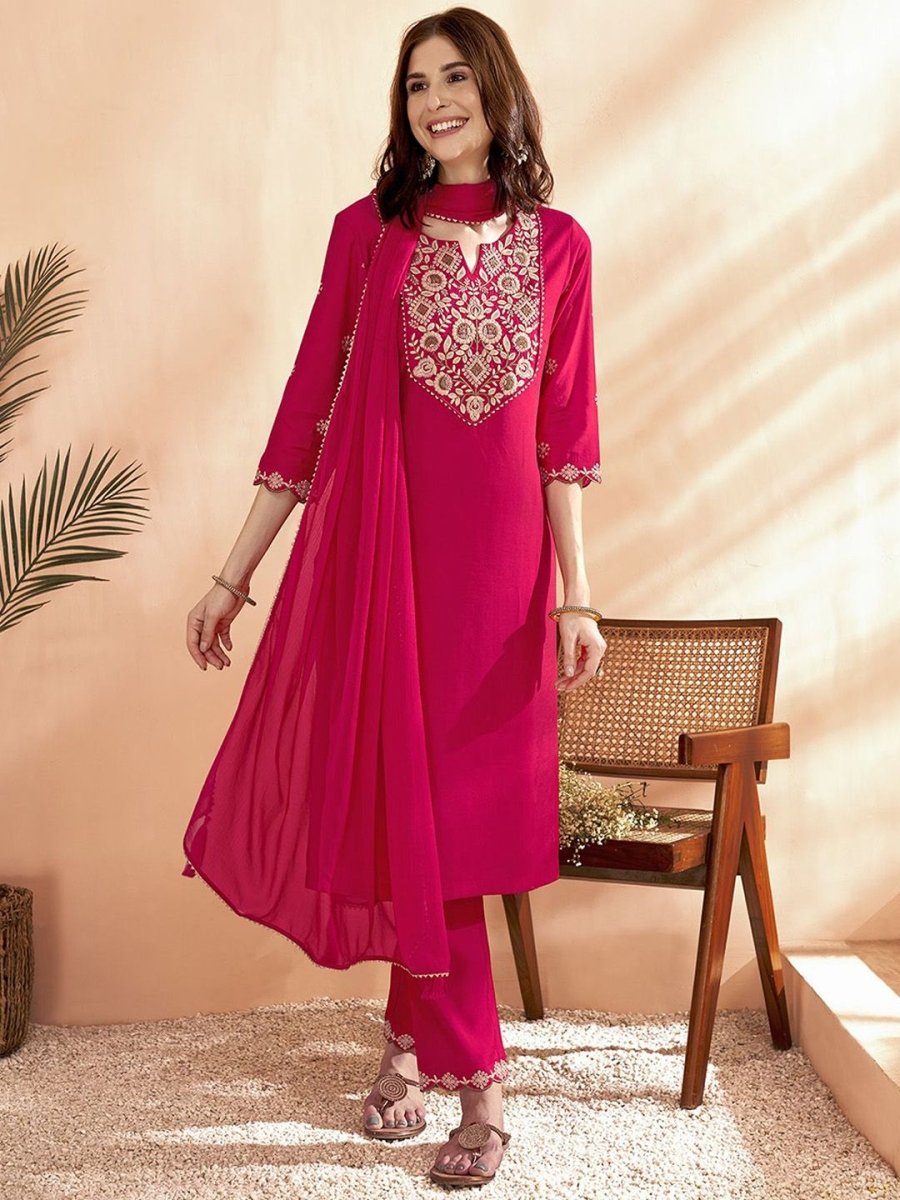 Anouk Pink Floral Yoke Design Thread Work Chanderi Silk Kurta With Trousers & Dupatta - Distacart